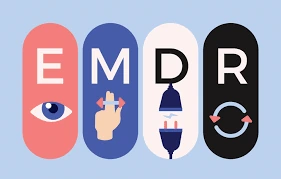 Icone che rappresentano le fasi della terapia EMDR: sguardo, movimento, stimolazione, rielaborazione